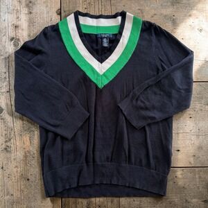 Chaps Womens Navy Blue V-Neck Varsity Stripe 3/4 Sleeve Cotton Blend Sweater L
